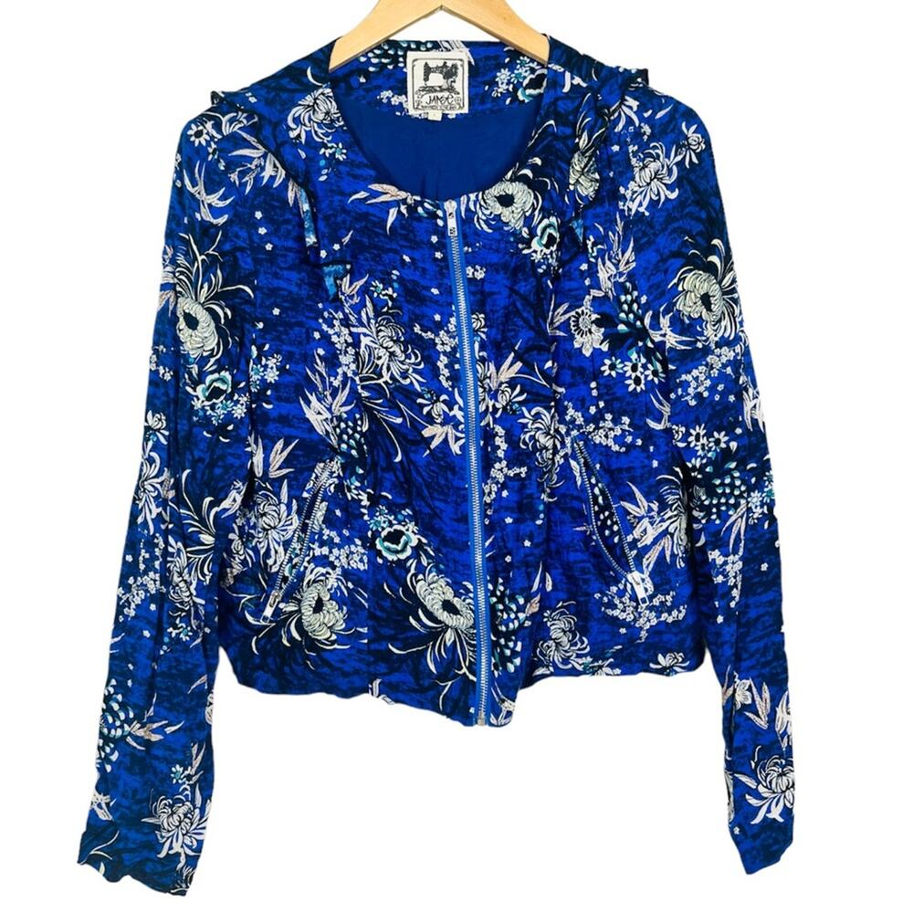JAASE Blue Floral Crop Ruffle Zip Front Lightweight Jacket LARGE Boho